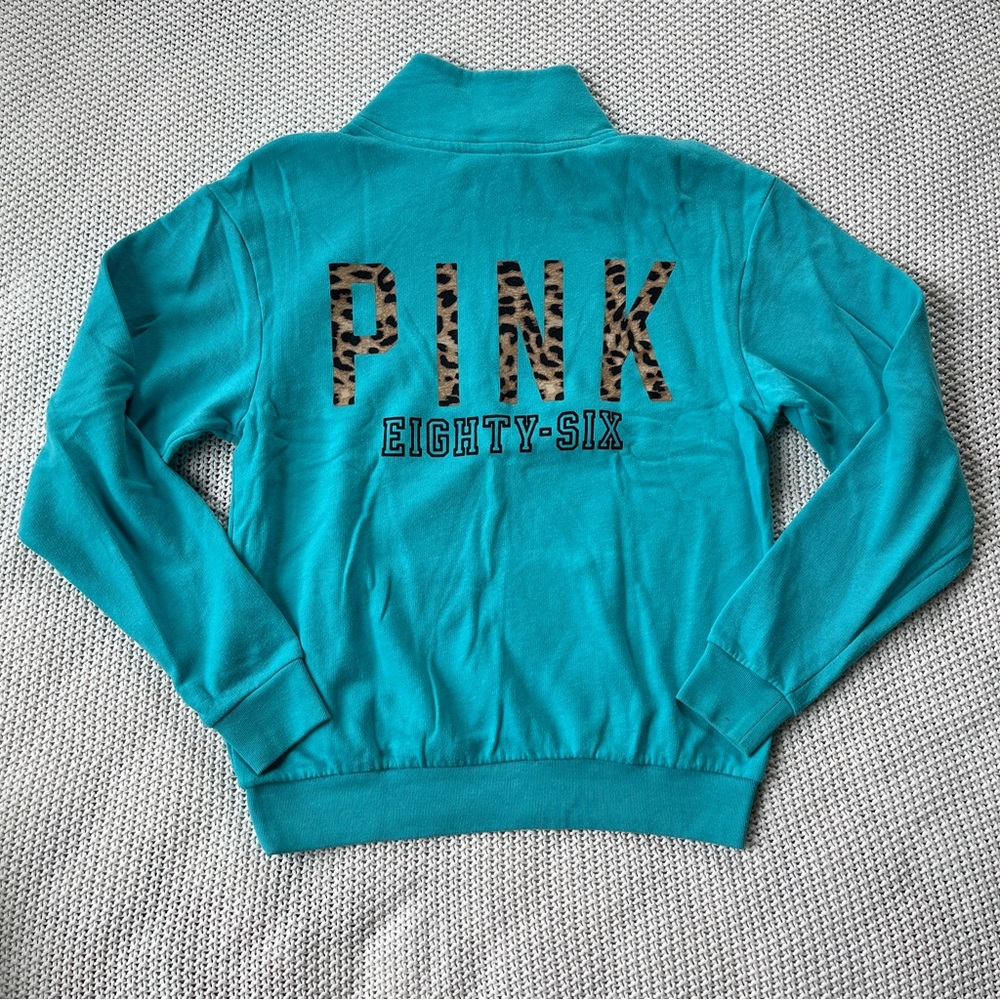Victoria’s Secret PINK Teal Leopard Logo Quarter Zip Sweatshirt